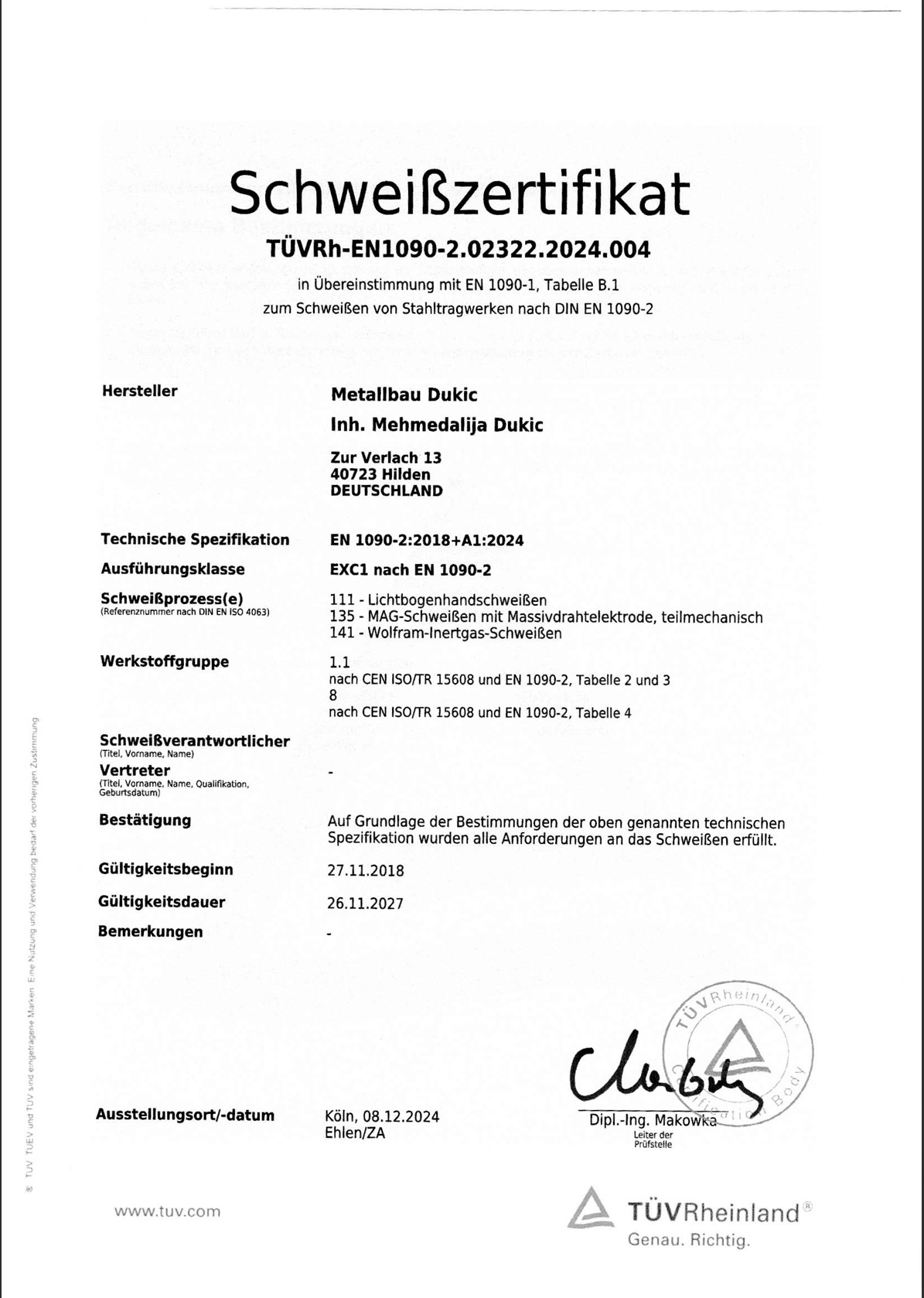 Schweißzertifikat